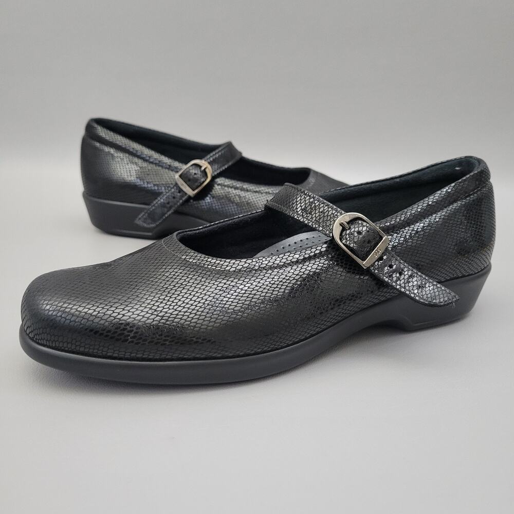 SAS Maria Black Leather Mary Jane Comfort Shoes Snake Print Womens Size 9 N